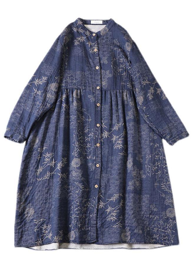 Art Blue Button Patchwork Pockets Fall Print Long sleeve Dress