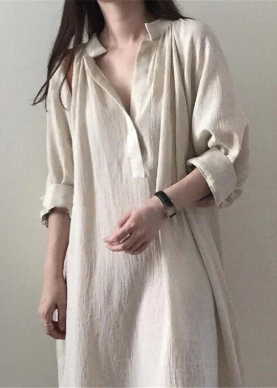 Casual Apricot Side Open Stand Collar Cotton Dresses Long sleeve