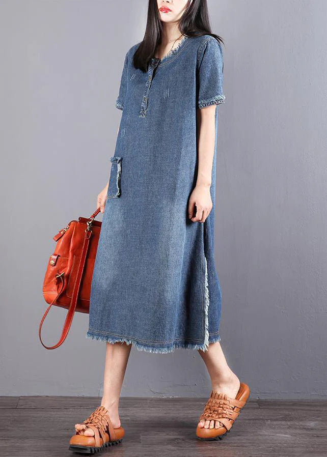 Beautiful Blue Pockets Button Fall Denim Short Sleeve Party Dress