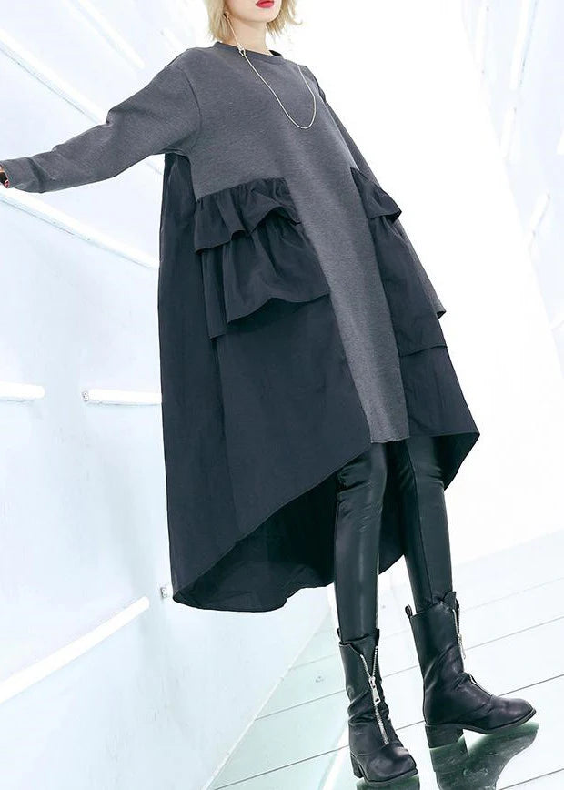 Classy patchwork Cotton Wardrobes plus size Sleeve gray baggy Dress